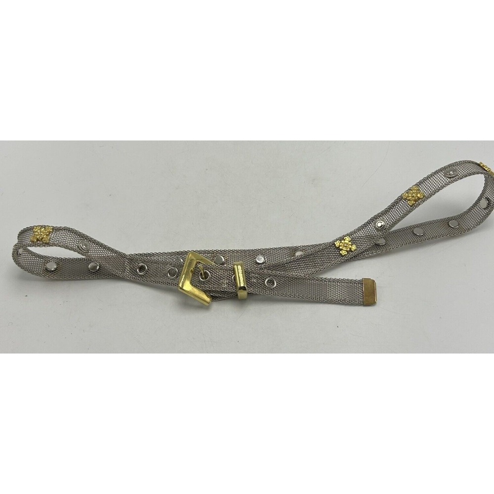 Vintage Belt Womens Medium 80s Silver Tone Mesh Metal Retro Gold Rivets Read